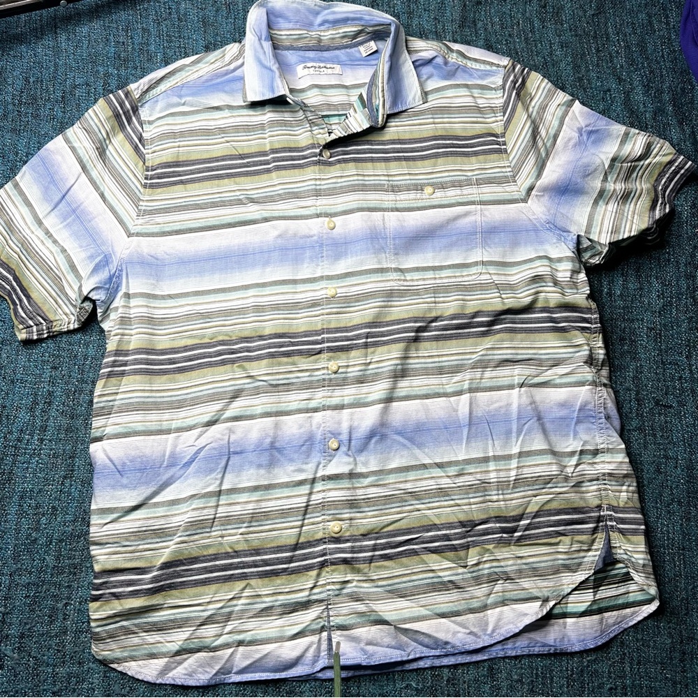 Tommy Bahama Tortola Striped Button Up Shirt Blue Green Cotton Tencel Blend XXL